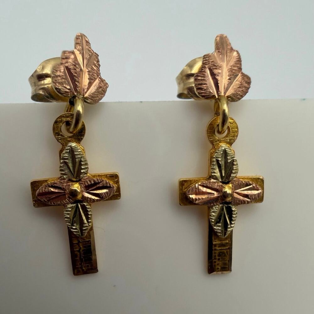 10K Black Hills Gold Cross Dangle Post Earrings Tri-Color Grape Leaf Accents